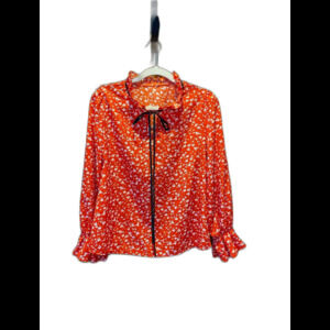 SHEIN Blouse Size Small Red Floral Ruffle Neck & Wrist Tie Neck Silky Top Dressy